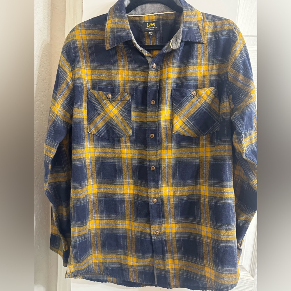 Lee Men's Blue and Yellow Plaid Shirt
